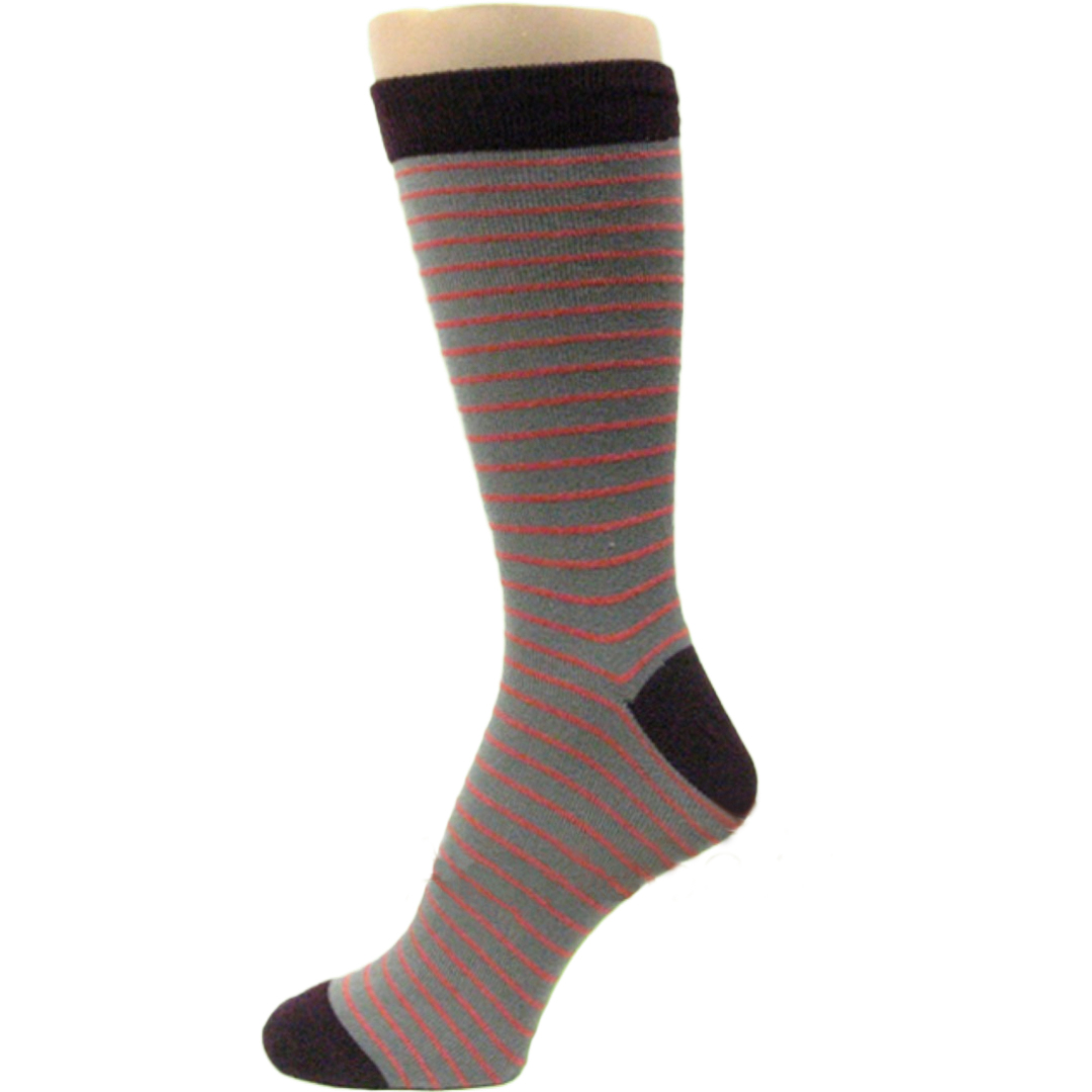 Maroon Toed Gray Mans Dress Socks with Dark Peach Thin Stripes