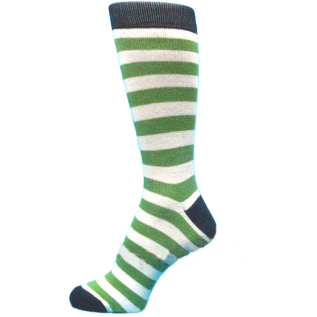 Olive/Army Green White Striped Mens' Socks with Navy Blue Toe