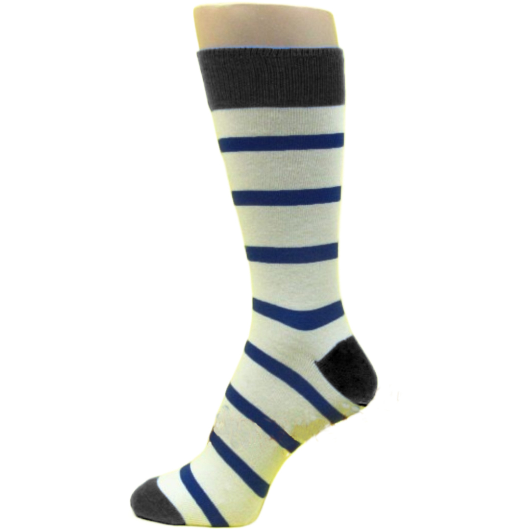 White with Blue Stripes Black Heel Black Toe Man's Socks