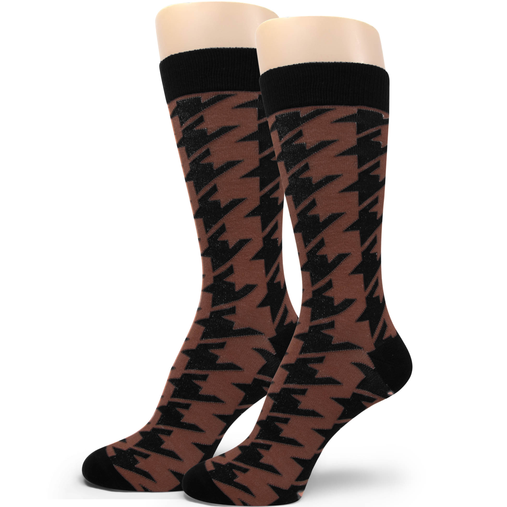 Brown Black Large Houndstooth Man's Dress Socks