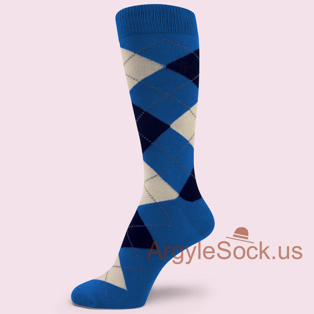 Blue with Ivory/Off-white and black Argyle Sock for Man