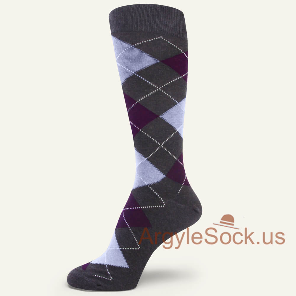 Very Dark Gray with Dark Purple and Light Lavender Argyle Socks
