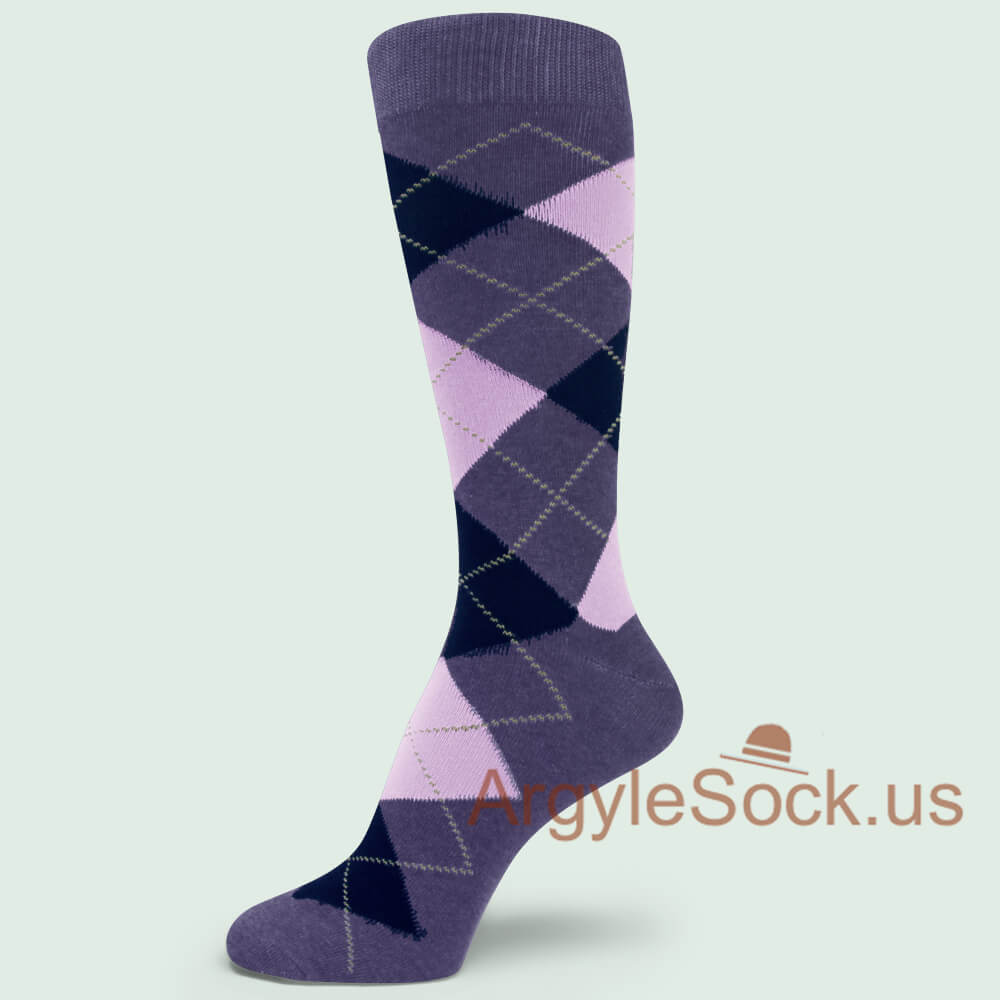 Violet w/ light lavender & navy blue mans/Groomsmen Argyle Sock