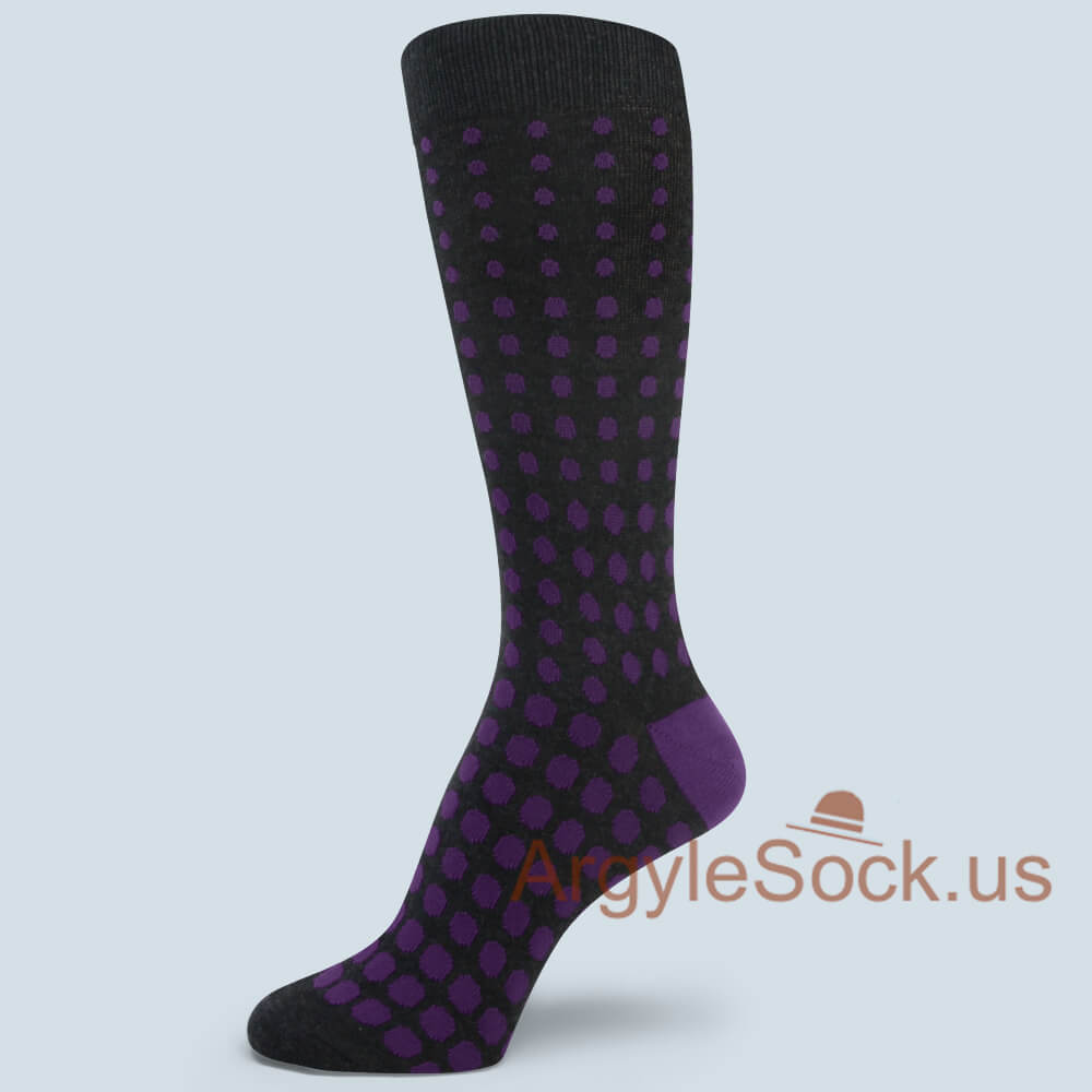 Dark Grey with violet purple polka dots Mans Socks