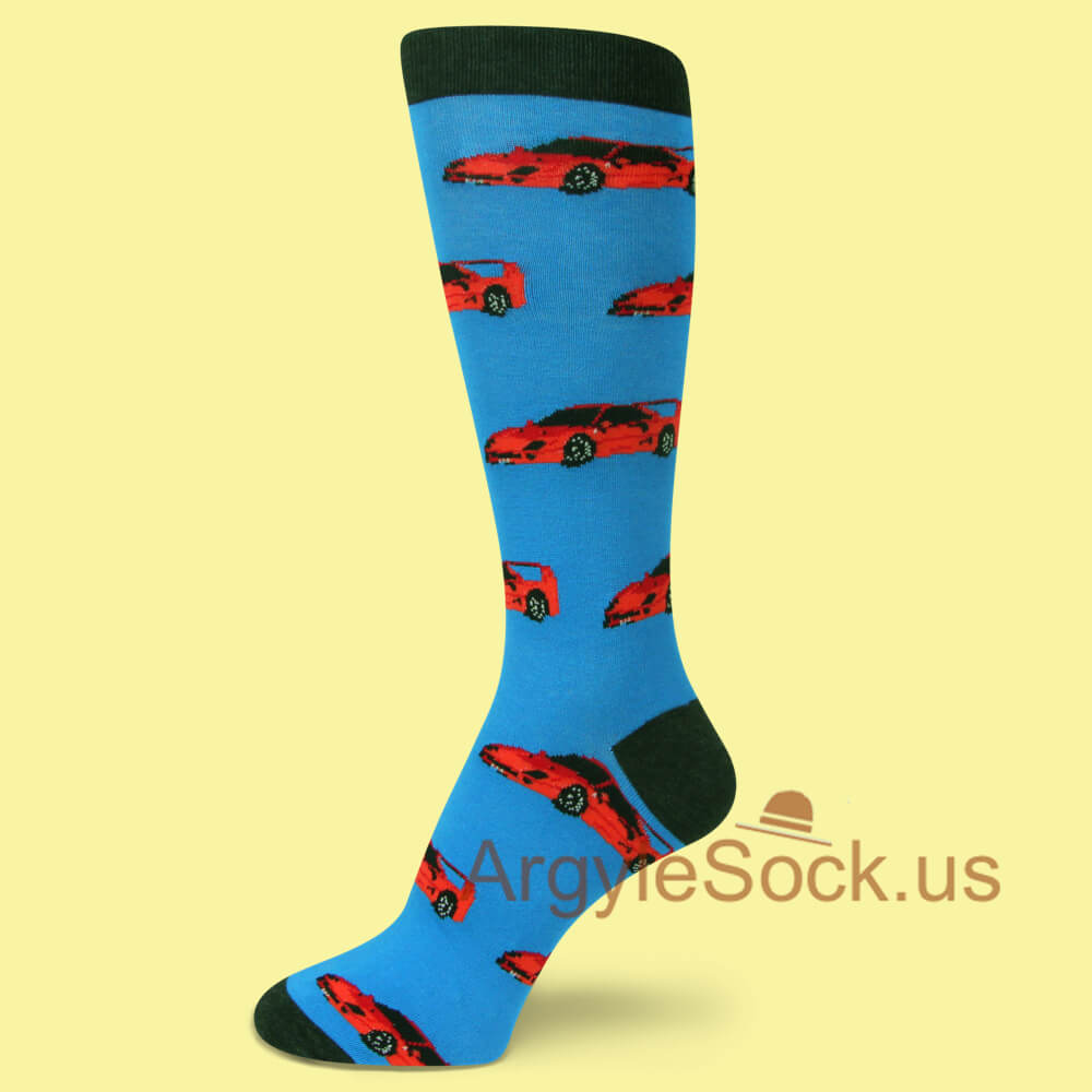 Bright Blue with Neon Red Sports cars Men's Dress socks