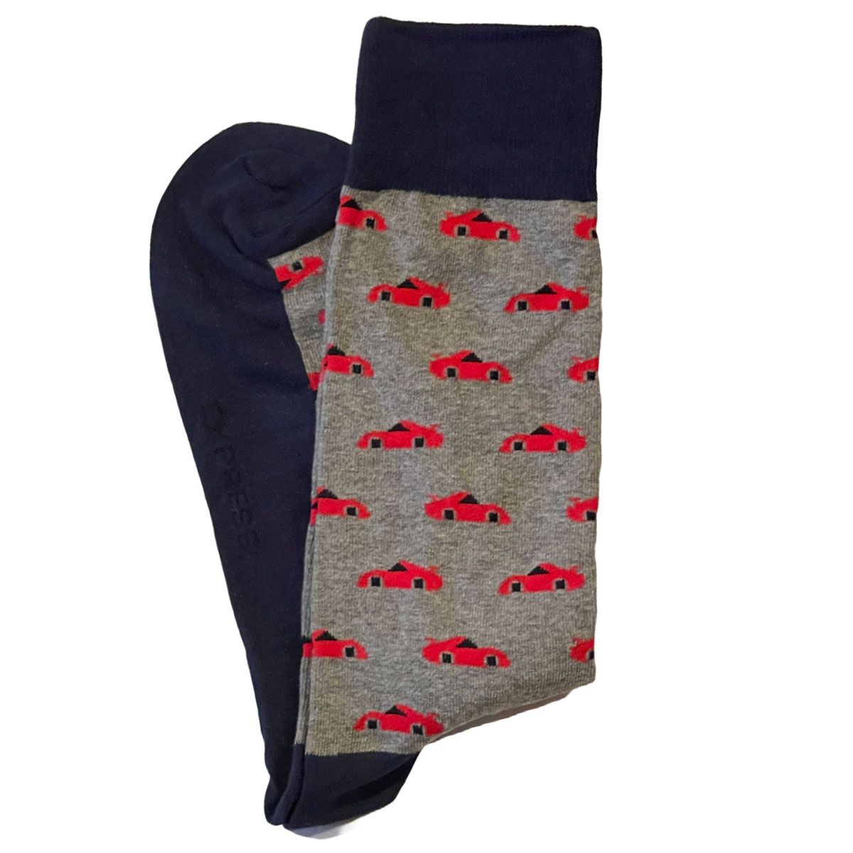 Gray with Small Red Sports Cars Men's Dress Socks w/ Navy Sole