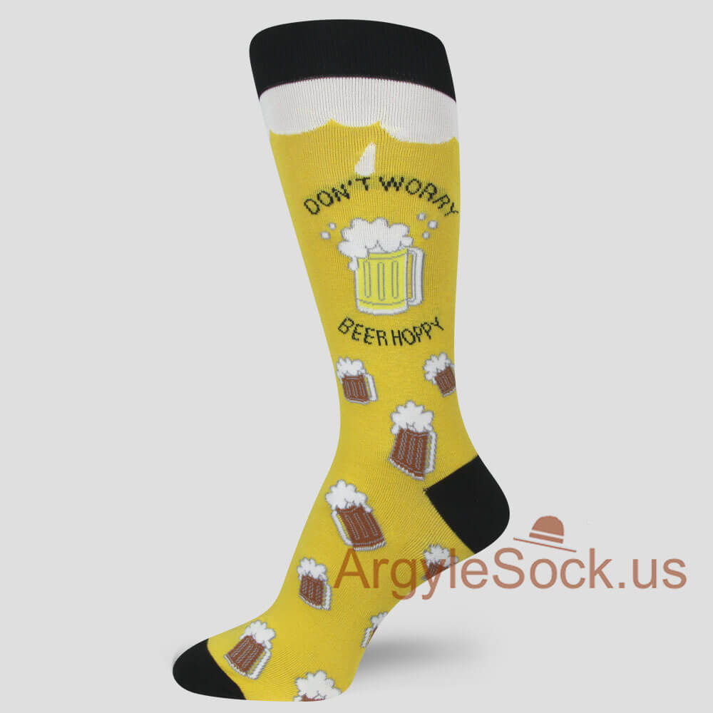 Beer theme Don't Worry Be Happy yellow men's socks