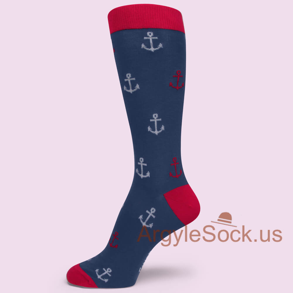 Red & White Anchors on Navy Blue Mans Dress Socks