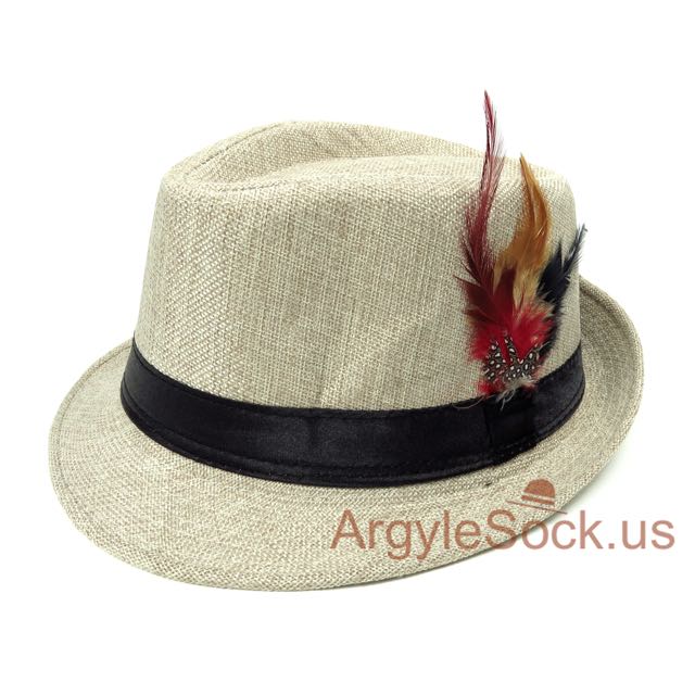 Beige Men's/Groomsmen Fedora Hat with Feather Accent 59cm