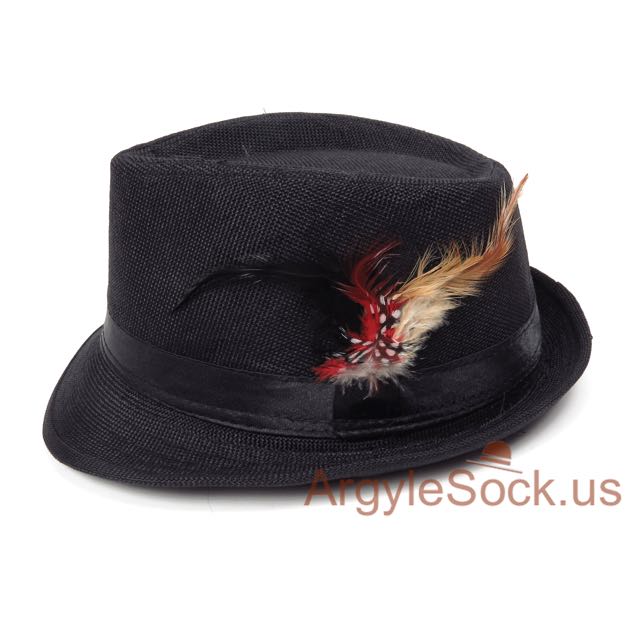 Black Mens/Groomsmen Fedora Hat with Feather Accent 59cm