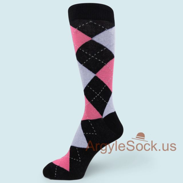 Black with Pink and Gray (with Lavender Tint) Argyle Mens Socks