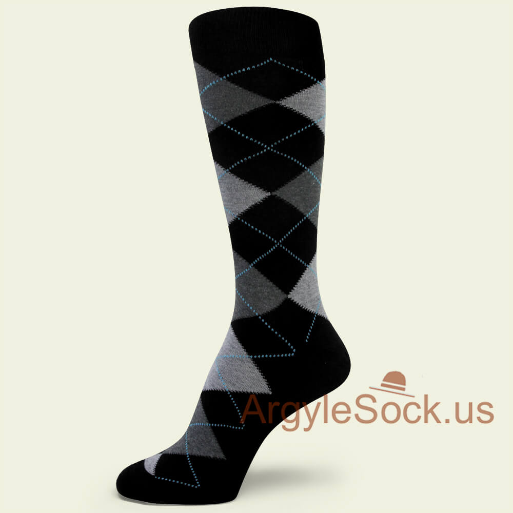 Black Dark Gray Dotted Sky Blue Line Argyle Sock for Man