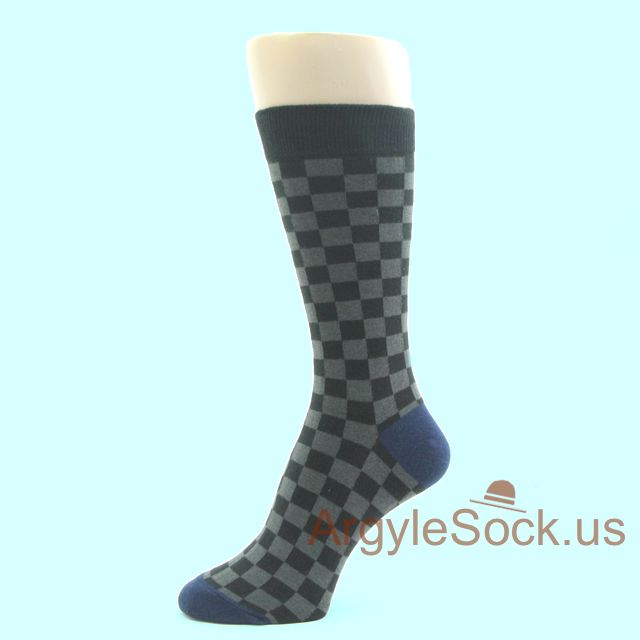 Black Gray Checkered Pattern Mans Dress Socks w/ Navy Toe & Heel