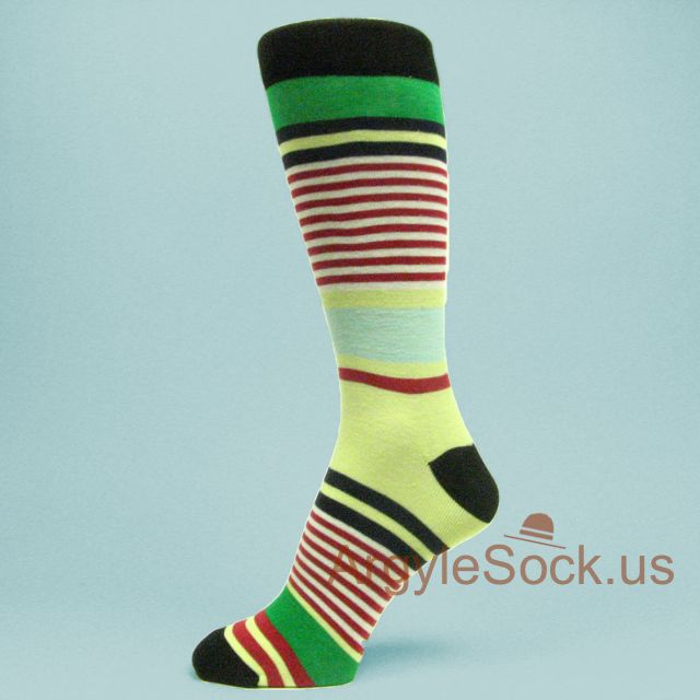 Black with Green Red Light Yellow Striped Mans Dress Socks