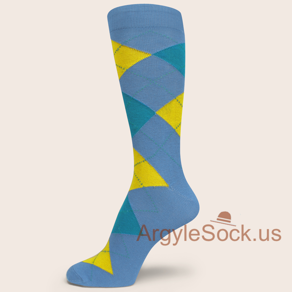 (Cornflower) Blue with Bright Yellow and Teal Argyle Mans Socks