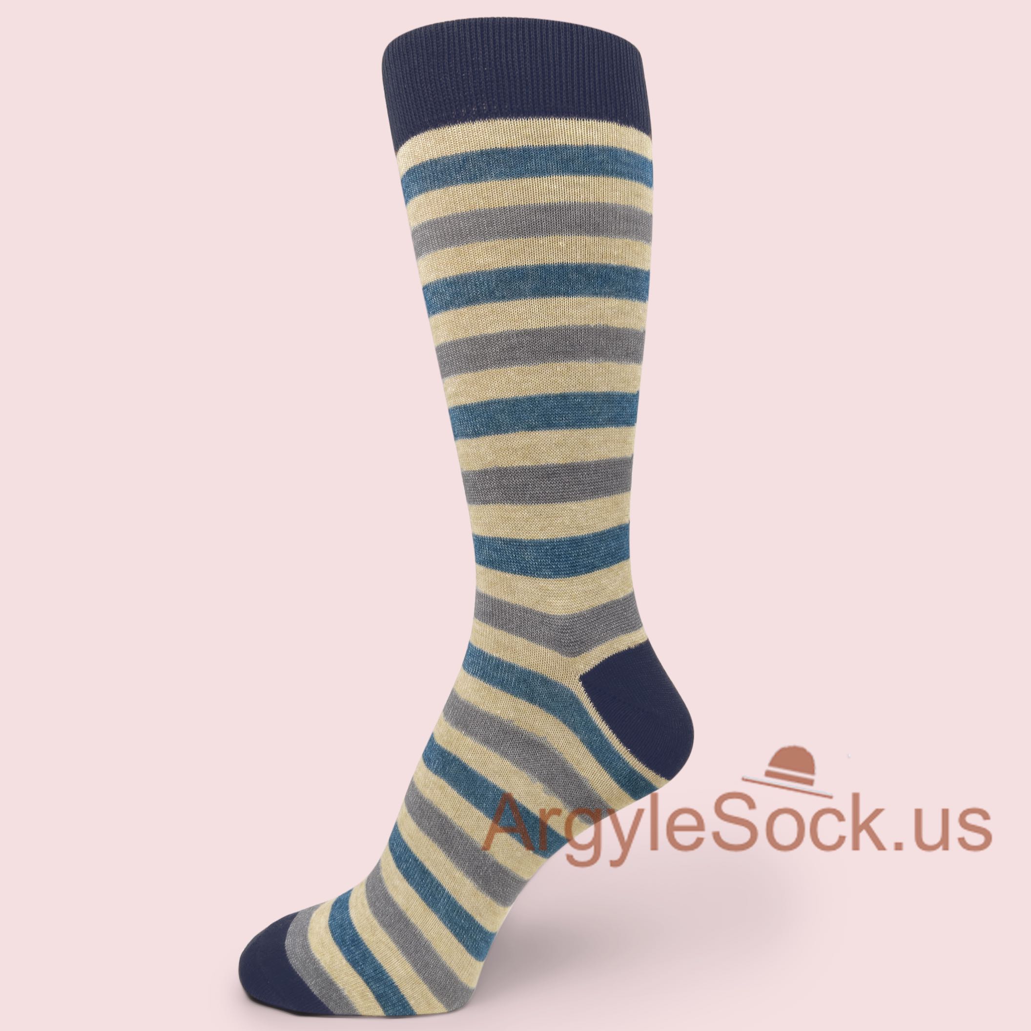 Blue Grey Stripes on Beige Man's Socks with Midnight Blue Toe