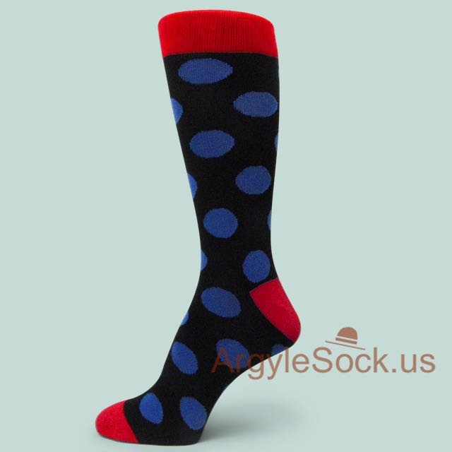 Large Blue Polka Dots on Midnight/Navy Blue Dress Socks for Men
