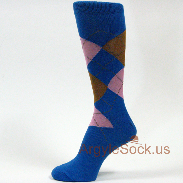 Blue Pink Brown Argyle Mens Dress Socks