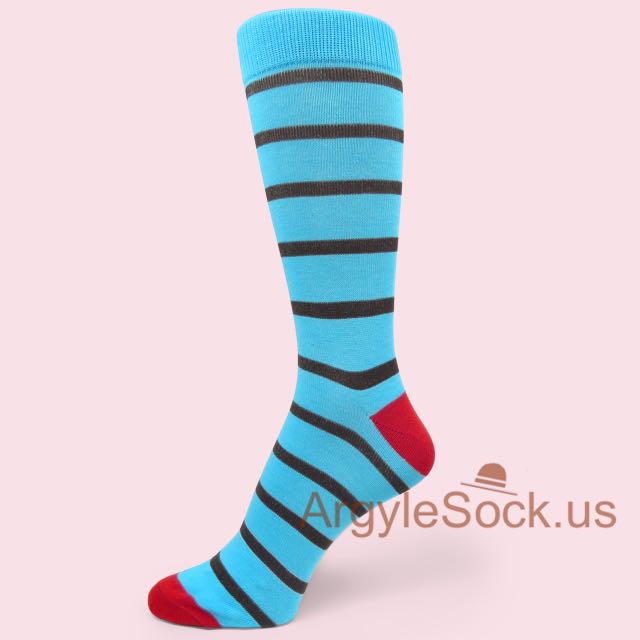 Bright Blue with Brown Stripes Men's Dress Socks with Red Toe