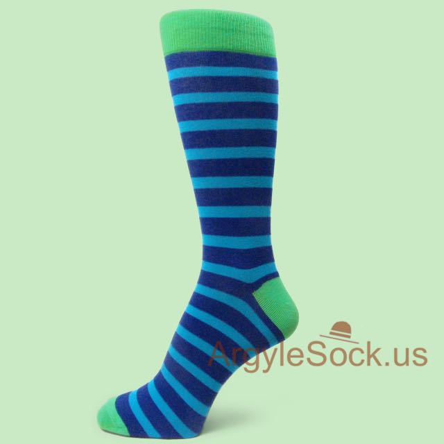 Bright Blue & Royal Blue Striped Mans Socks with Lime Green Welt