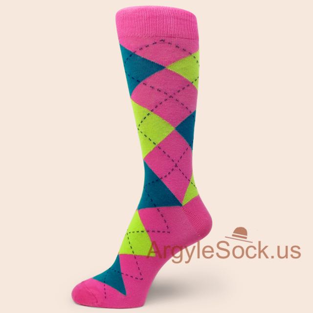Bright Pink Teal Neon Green Argyle Socks for Man
