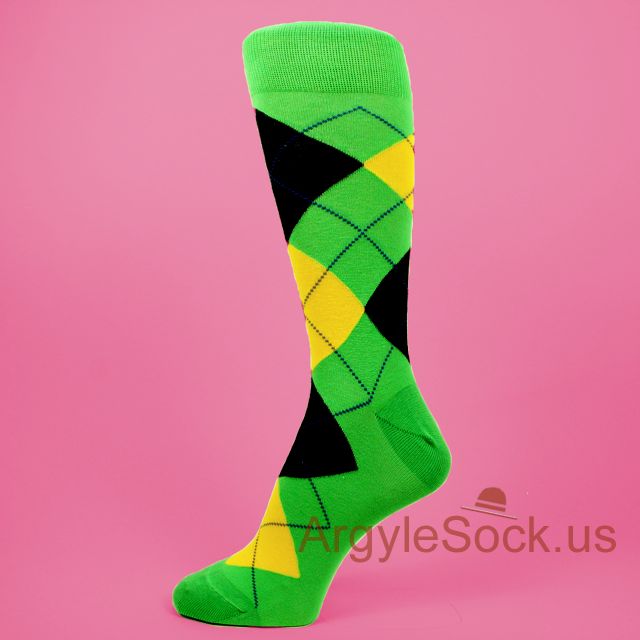 Bright (Spring) Green with Yellow & Black Argyle Mans Dress Sock