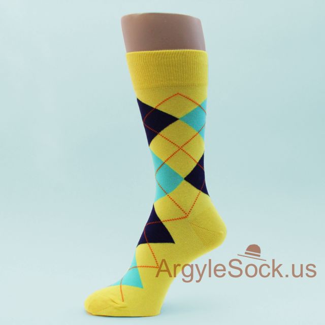 Bright Yellow Turquoise Navy/Midnight Blue Man's Argyles Sock