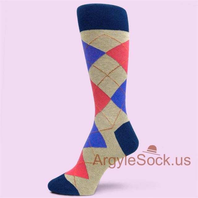 Brown Grey Triblend Socks for Men w/ Chinese Red & Blue Argyle