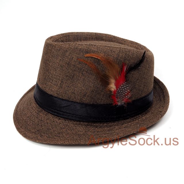 Brown Groomsmen/Mens Fedora Hat with Feather 59cm