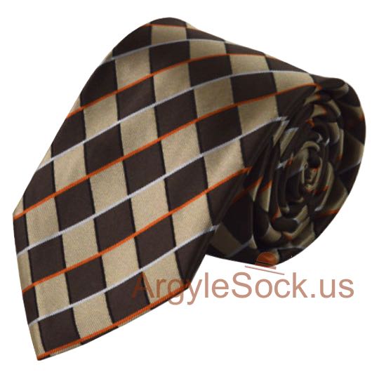 Brown Beige Diagonal Gingham Checkered Men's Groomsmen Tie