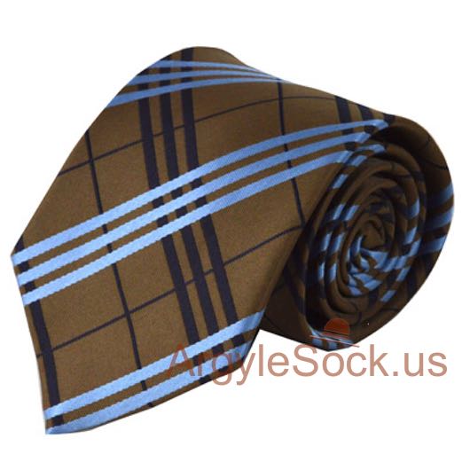 Brown Light Blue Navy/Midnight Blue Tartan Plaid Check Mans Tie