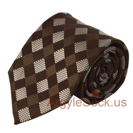 Brown Silver Diagonal Gingham Check Woven Men's Necktie