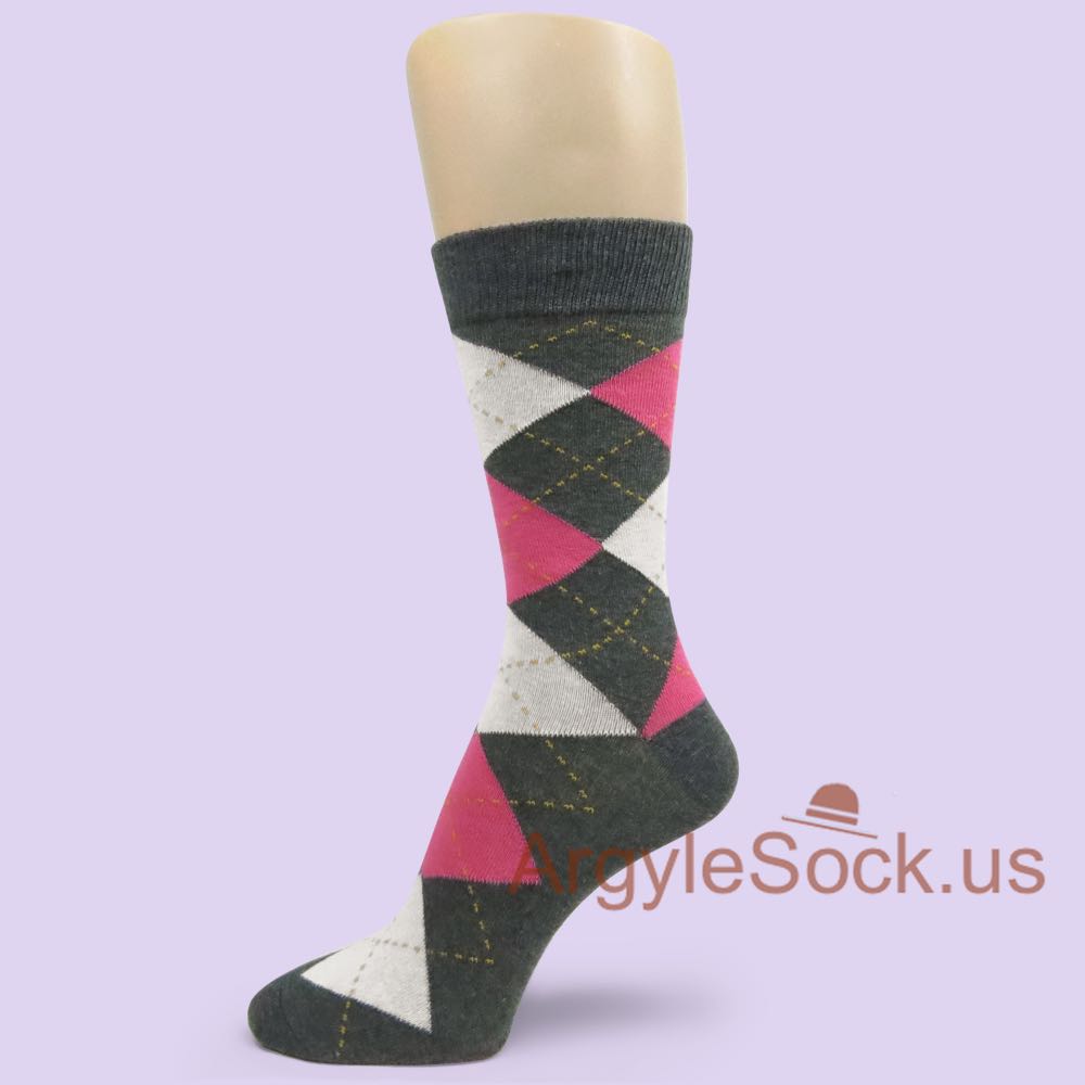 Pink White Heather Charcoal Grey Mens Argyle Socks