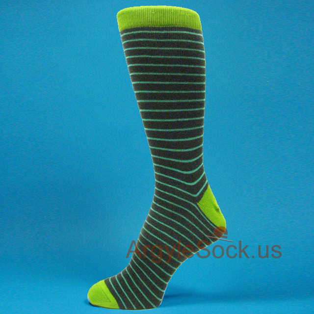 Charcoal Gray w/ Lime Green Toe Heel Welt Mans Stripe Dress Sock