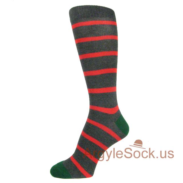 Charcoal Gray Mens Dress Socks with Red Stripes & Green Toes