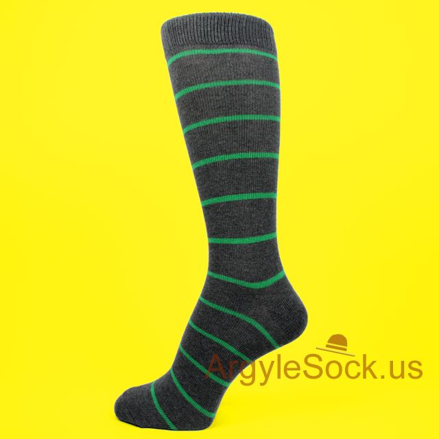 Charcoal/Dark Gray Man's Dress Socks with Thin Green Stripes