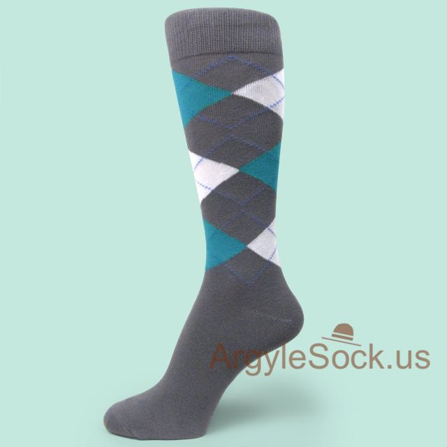 Charcoal Grey with Turquoise & White Argyle Dress Socks for Men