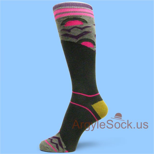Charcoal Grey Socks for Men with Purple Waves & Pink Stripes