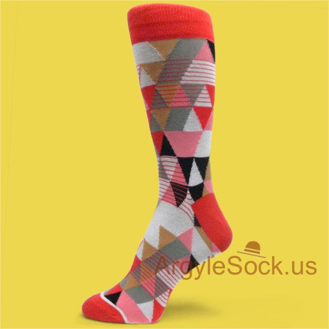 Chinese Red Gray Old Gold Black Triangles Mans Socks