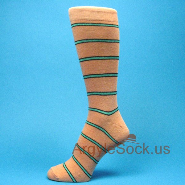 Coral(Peach) with Turquoise Blue and Black Striped Mans Socks