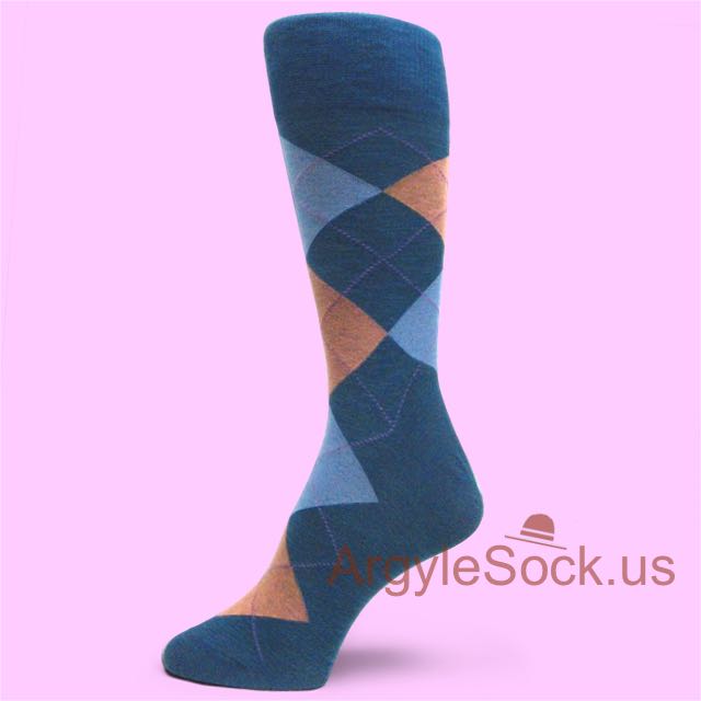Dark Blue Marble Socks for Men with Peach & Lighter Blue Argyles