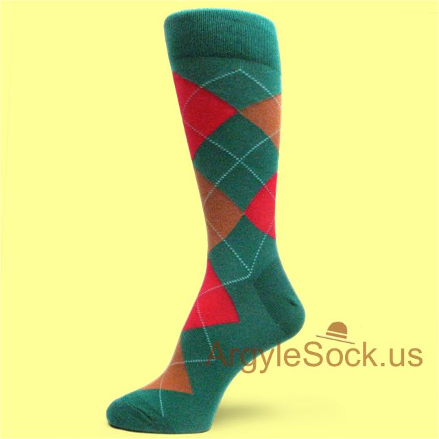 Dark Green Dress Socks for Men with Red and Brown Argyles