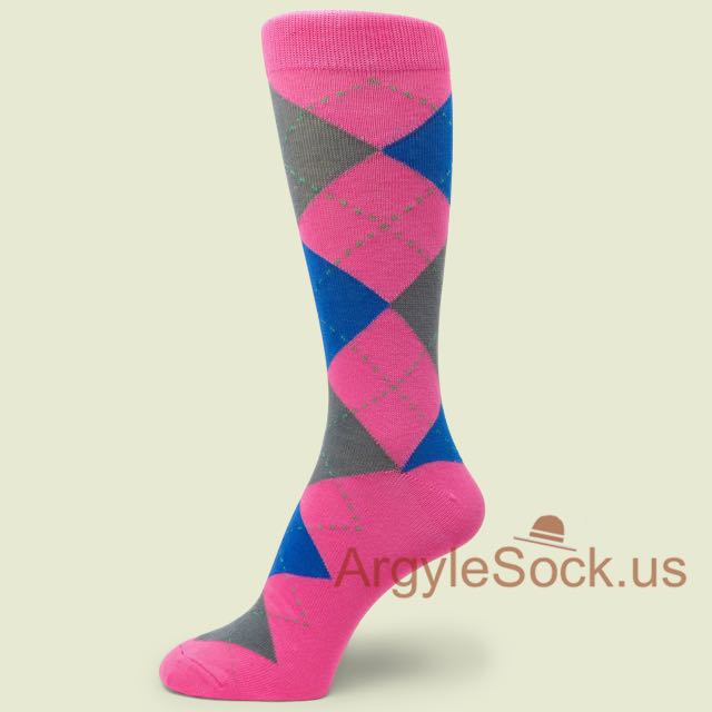 Dark Pink Mans Socks w/ Charcoal Dark Grey & Royal Blue Argyle