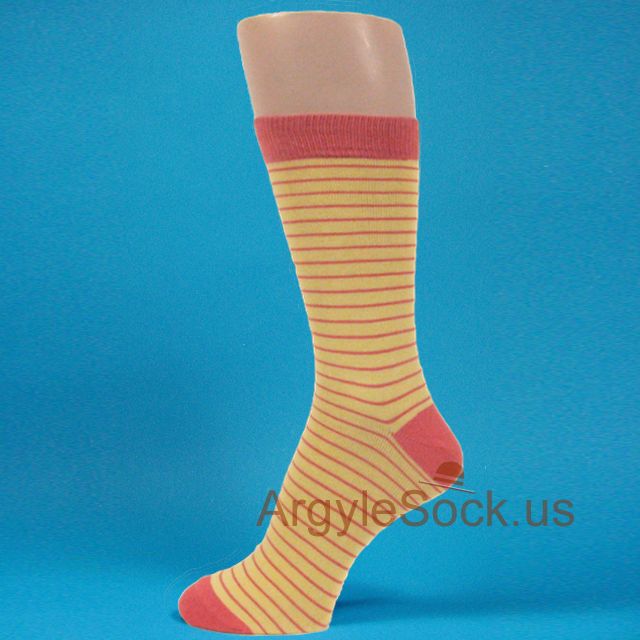 Thin Dark Coral Stripes on Yellow Men's Socks