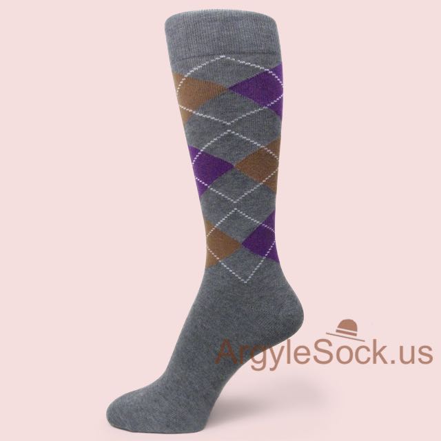 Dark Grey with Brown & Purple Argyle Dress Socks for Men & Groom