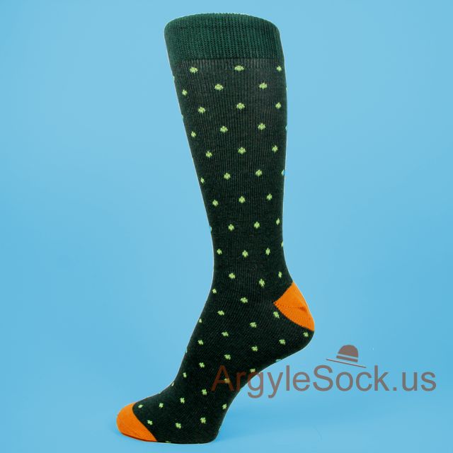 Dark Green Orange Man's Socks with Neon Green Mini-Star Pattern