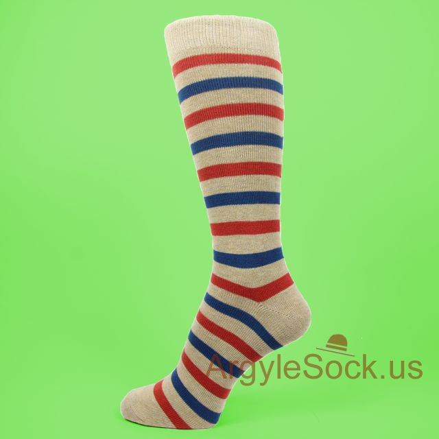 Dark Red and Blue Striped Beige/Khaki Men's Socks