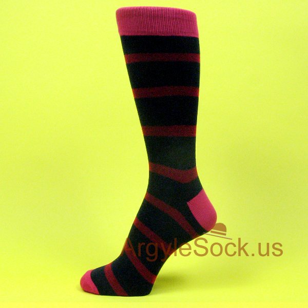 Dark Red Stripes Navy Blue Mens Socks with Hot Pink Toe & Heel
