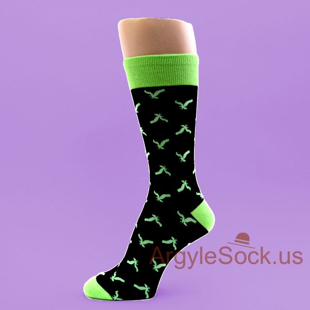 Lime Green Eagle/Condor Pattern Mans Black Dress Socks