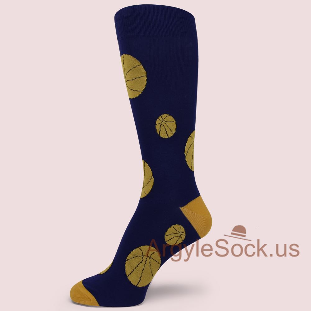 Gold Yellow Basketball Icons Midnight/Navy Blue Man's Socks
